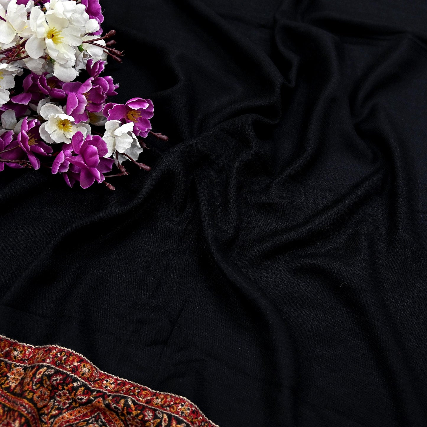 Vintage Black Viscose Stole Handmade Woven Long Throw Stole Warm Floral Design Fringes