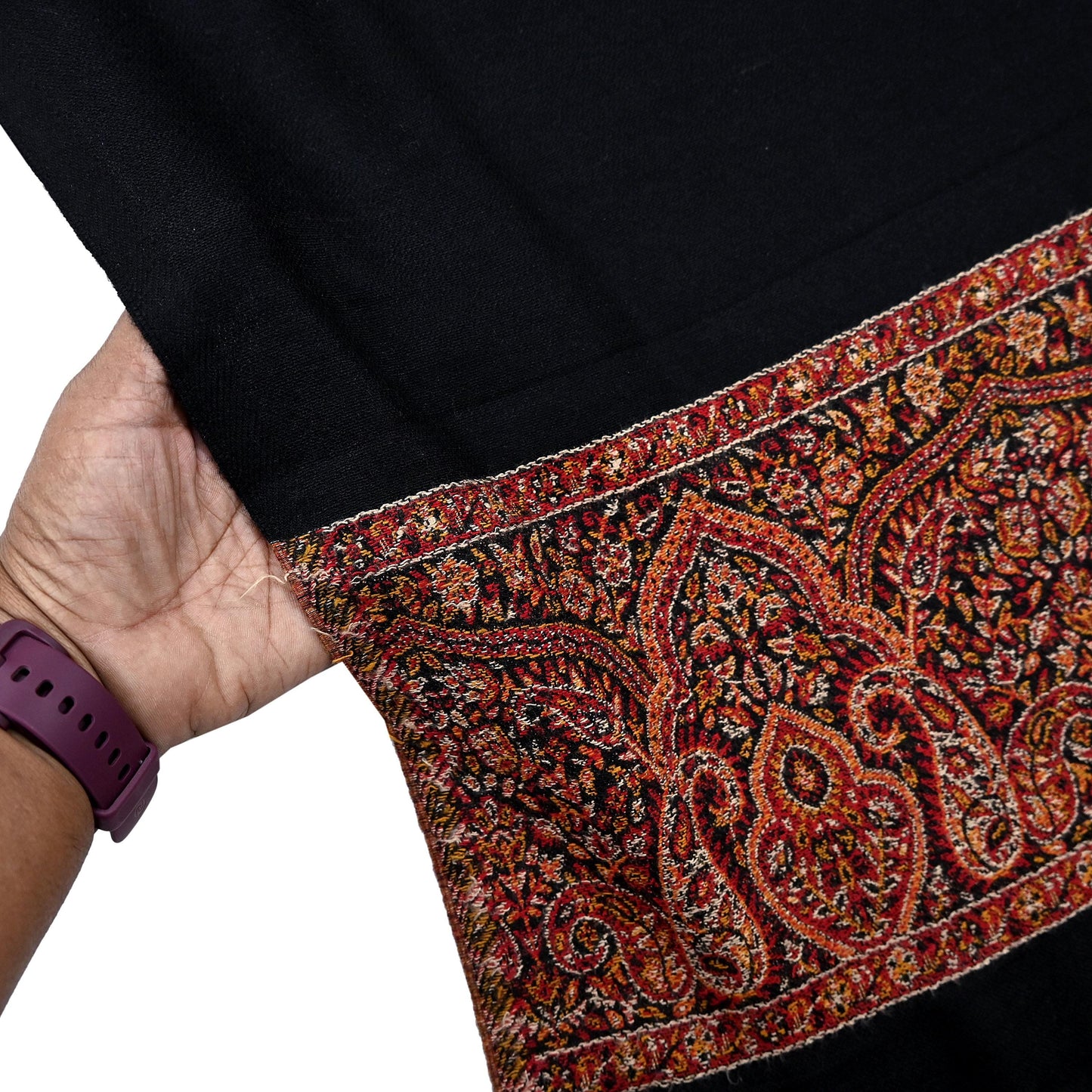 Vintage Black Viscose Stole Handmade Woven Long Throw Stole Warm Floral Design Fringes