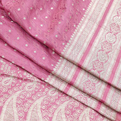 Indian Vintage Sari Heavy Wedding Pink Pure Satin Silk Woven Brocade Banarasi Sarees Silver Zari 5Yd Dress making Crafting Upcycle