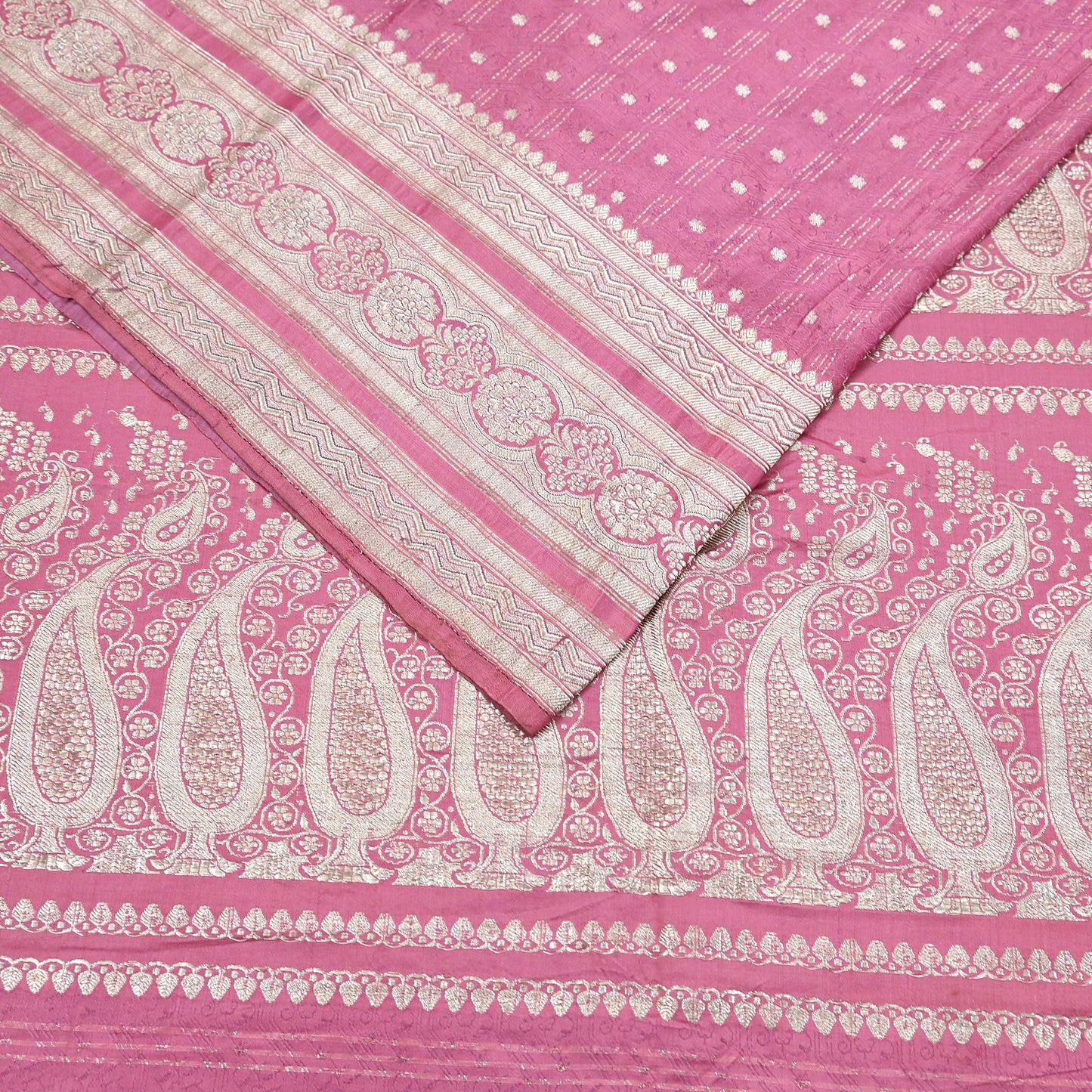 Indian Vintage Sari Heavy Wedding Pink Pure Satin Silk Woven Brocade Banarasi Sarees Silver Zari 5Yd Dress making Crafting Upcycle