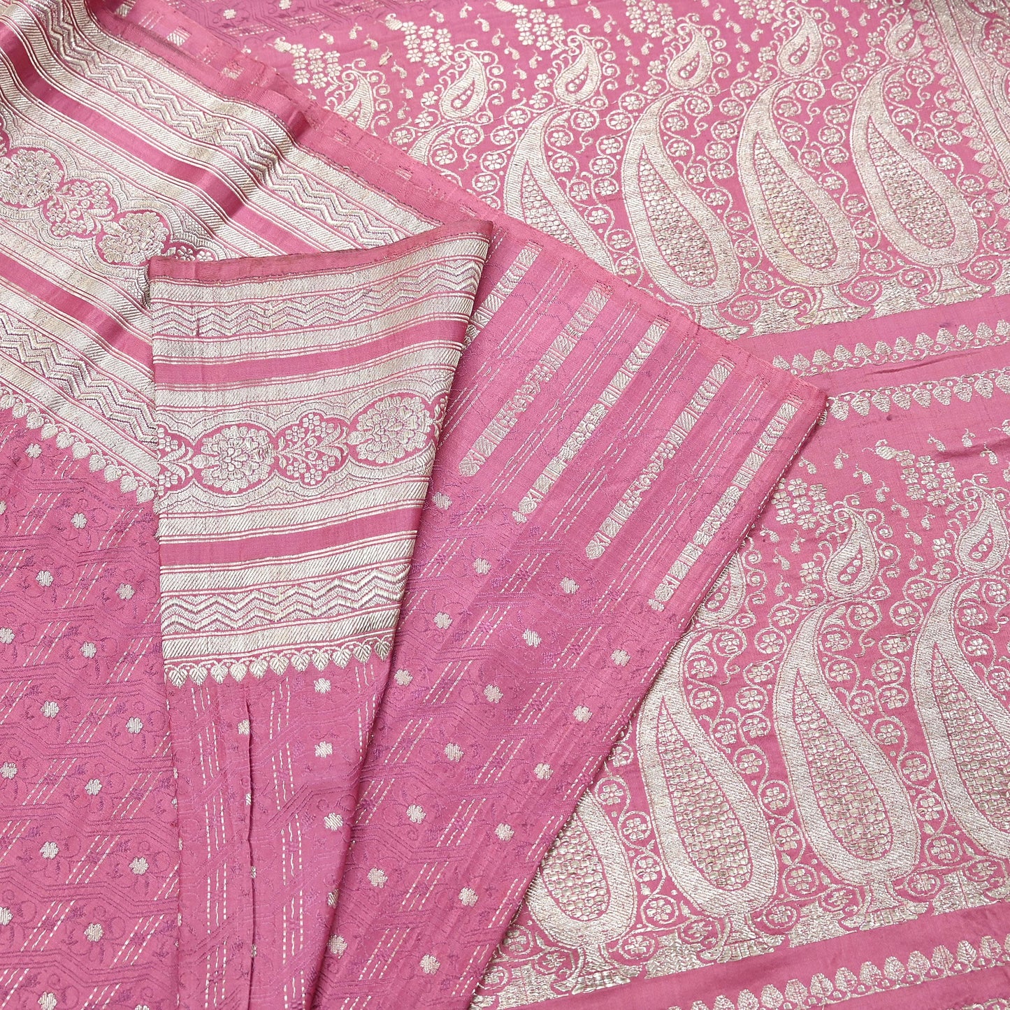 Indian Vintage Sari Heavy Wedding Pink Pure Satin Silk Woven Brocade Banarasi Sarees Silver Zari 5Yd Dress making Crafting Upcycle