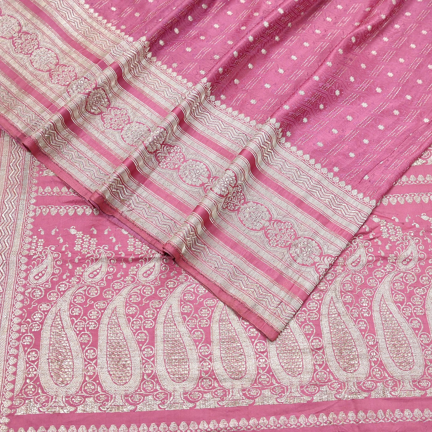 Indian Vintage Sari Heavy Wedding Pink Pure Satin Silk Woven Brocade Banarasi Sarees Silver Zari 5Yd Dress making Crafting Upcycle