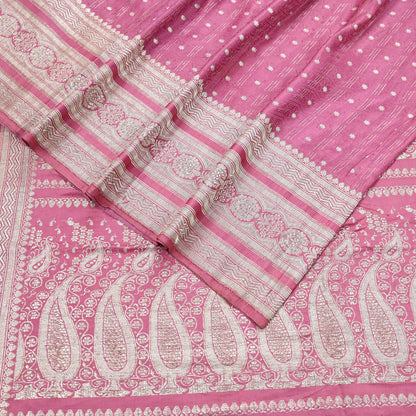 Indian Vintage Sari Heavy Wedding Pink Pure Satin Silk Woven Brocade Banarasi Sarees Silver Zari 5Yd Dress making Crafting Upcycle