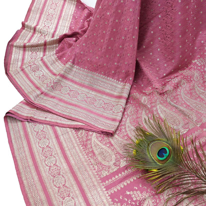 Indian Vintage Sari Heavy Wedding Pink Pure Satin Silk Woven Brocade Banarasi Sarees Silver Zari 5Yd Dress making Crafting Upcycle
