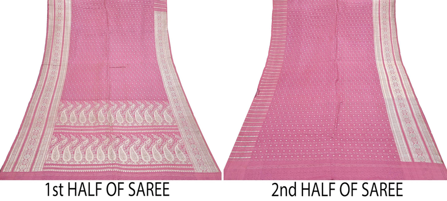 Indian Vintage Sari Heavy Wedding Pink Pure Satin Silk Woven Brocade Banarasi Sarees Silver Zari 5Yd Dress making Crafting Upcycle