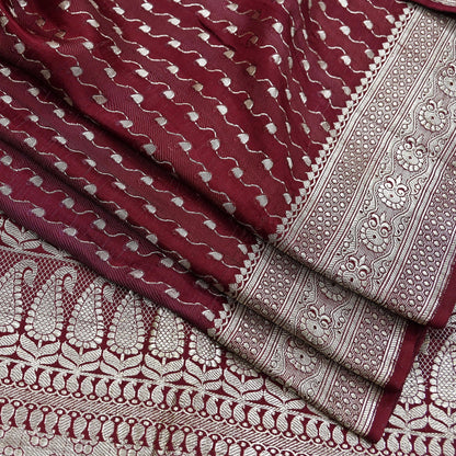 Indian Vintage Sari Maroon Heavy Wedding Pure Satin Silk Woven Banarasi Brocade Saree Zari 5Yd Dress making Crafting Quilting