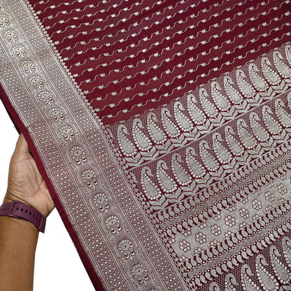 Indian Vintage Sari Maroon Heavy Wedding Pure Satin Silk Woven Banarasi Brocade Saree Zari 5Yd Dress making Crafting Quilting