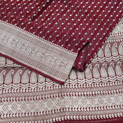 Indian Vintage Sari Maroon Heavy Wedding Pure Satin Silk Woven Banarasi Brocade Saree Zari 5Yd Dress making Crafting Quilting