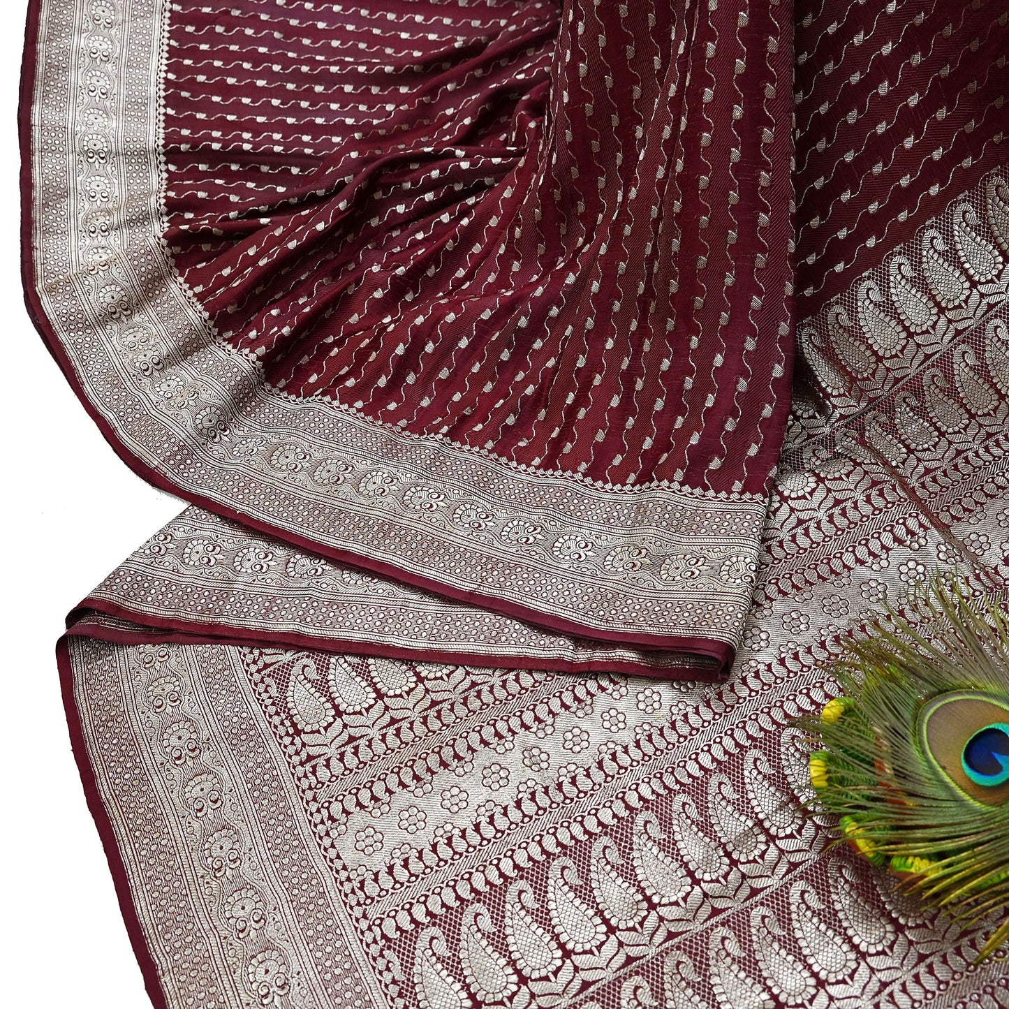 Indian Vintage Sari Maroon Heavy Wedding Pure Satin Silk Woven Banarasi Brocade Saree Zari 5Yd Dress making Crafting Quilting