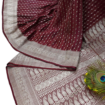 Indian Vintage Sari Maroon Heavy Wedding Pure Satin Silk Woven Banarasi Brocade Saree Zari 5Yd Dress making Crafting Quilting