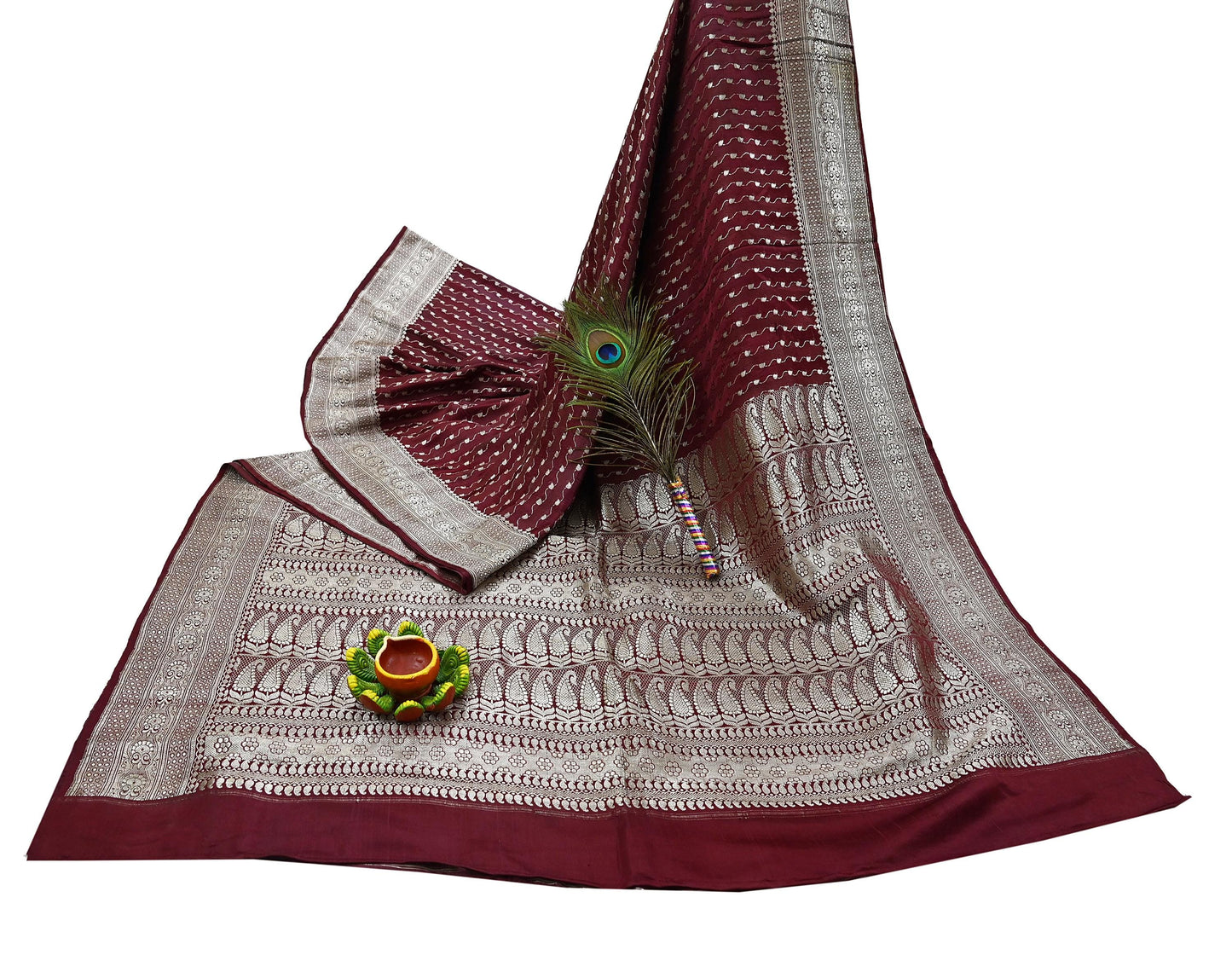 Indian Vintage Sari Maroon Heavy Wedding Pure Satin Silk Woven Banarasi Brocade Saree Zari 5Yd Dress making Crafting Quilting