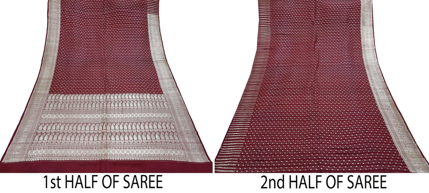 Indian Vintage Sari Maroon Heavy Wedding Pure Satin Silk Woven Banarasi Brocade Saree Zari 5Yd Dress making Crafting Quilting