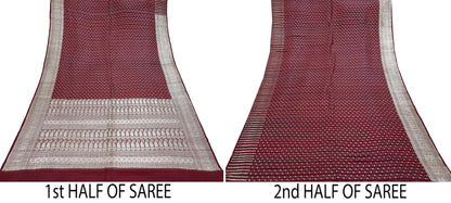 Indian Vintage Sari Maroon Heavy Wedding Pure Satin Silk Woven Banarasi Brocade Saree Zari 5Yd Dress making Crafting Quilting