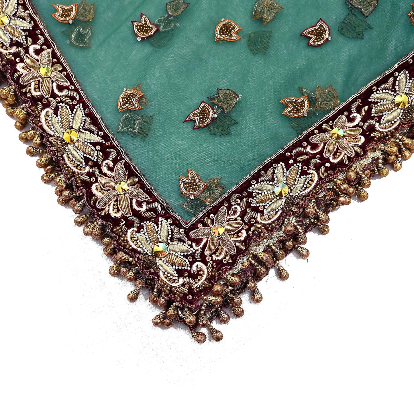 Indian Vintage Heavy Bridal Green Dupatta Net Mesh Long Stole Hand Embroidered Scarf Zardozi Zari Sequins Wedding Stole Veil hijab