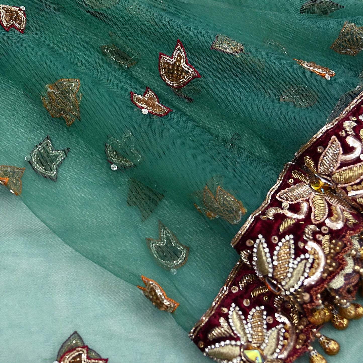 Indian Vintage Heavy Bridal Green Dupatta Net Mesh Long Stole Hand Embroidered Scarf Zardozi Zari Sequins Wedding Stole Veil hijab