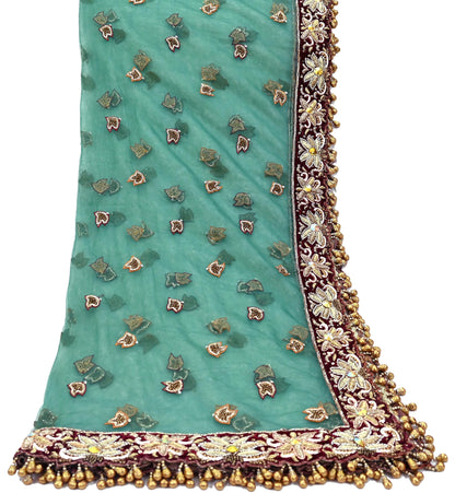 Indian Vintage Heavy Bridal Green Dupatta Net Mesh Long Stole Hand Embroidered Scarf Zardozi Zari Sequins Wedding Stole Veil hijab