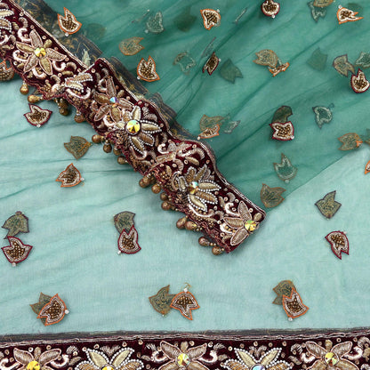 Indian Vintage Heavy Bridal Green Dupatta Net Mesh Long Stole Hand Embroidered Scarf Zardozi Zari Sequins Wedding Stole Veil hijab