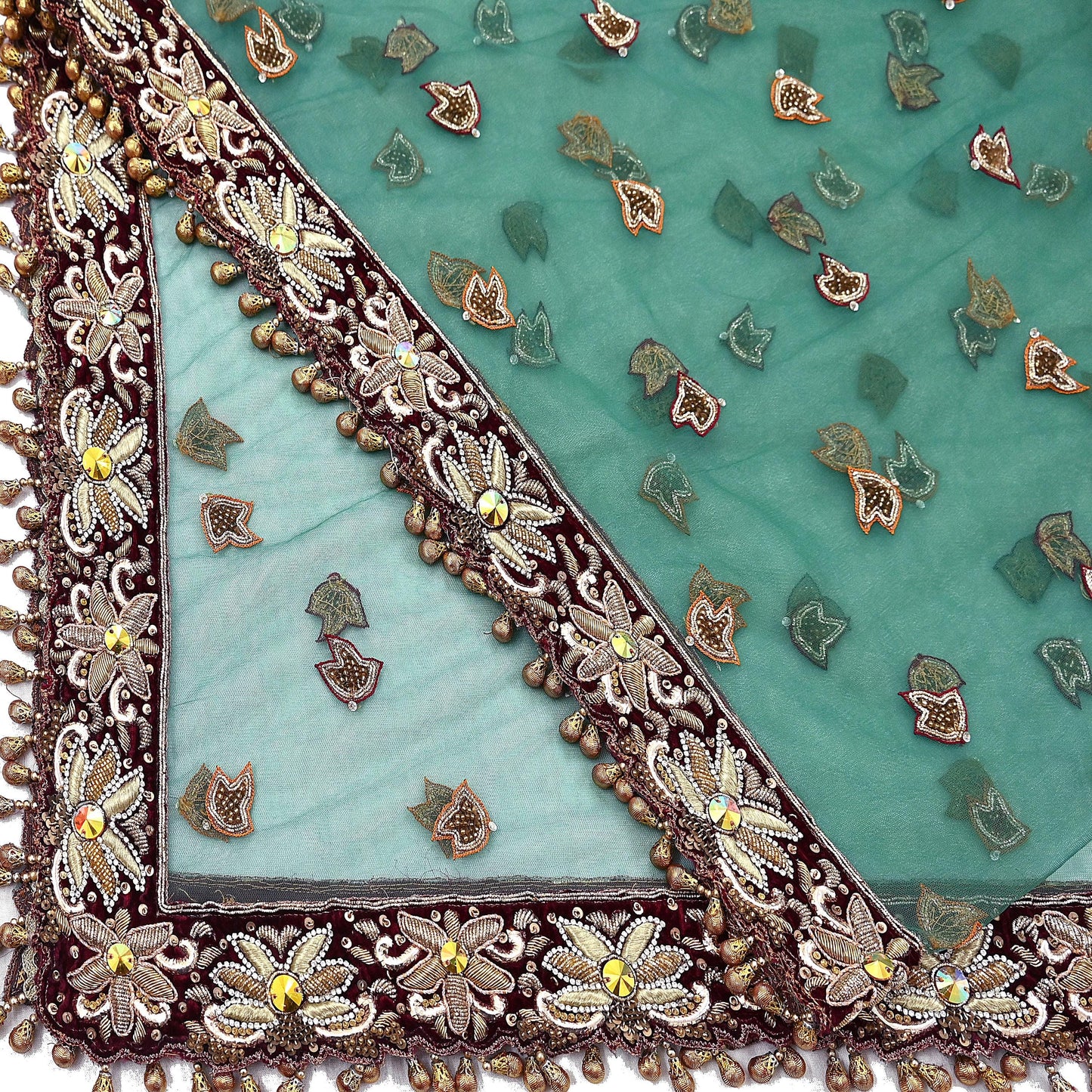 Indian Vintage Heavy Bridal Green Dupatta Net Mesh Long Stole Hand Embroidered Scarf Zardozi Zari Sequins Wedding Stole Veil hijab