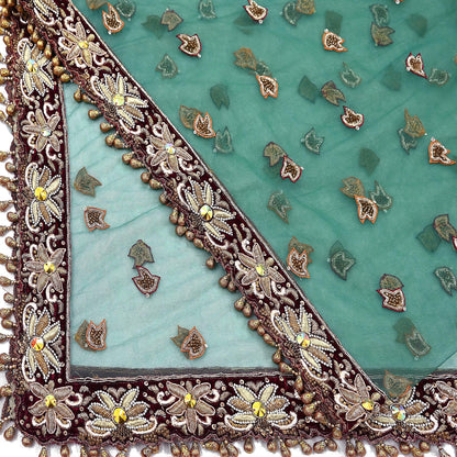 Indian Vintage Heavy Bridal Green Dupatta Net Mesh Long Stole Hand Embroidered Scarf Zardozi Zari Sequins Wedding Stole Veil hijab