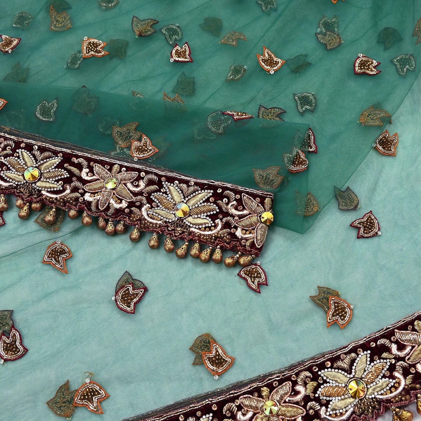 Indian Vintage Heavy Bridal Green Dupatta Net Mesh Long Stole Hand Embroidered Scarf Zardozi Zari Sequins Wedding Stole Veil hijab