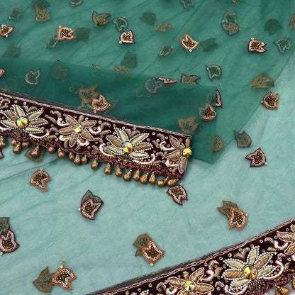 Indian Vintage Heavy Bridal Green Dupatta Net Mesh Long Stole Hand Embroidered Scarf Zardozi Zari Sequins Wedding Stole Veil hijab