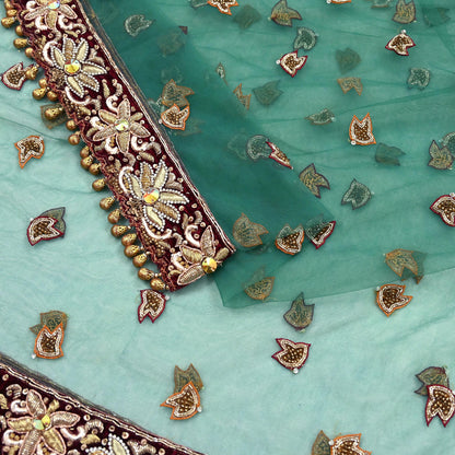 Indian Vintage Heavy Bridal Green Dupatta Net Mesh Long Stole Hand Embroidered Scarf Zardozi Zari Sequins Wedding Stole Veil hijab