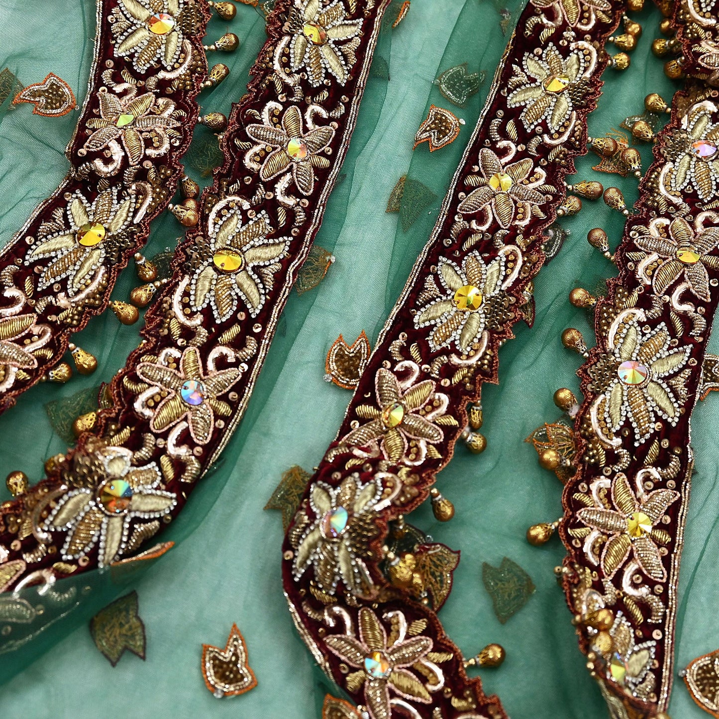 Indian Vintage Heavy Bridal Green Dupatta Net Mesh Long Stole Hand Embroidered Scarf Zardozi Zari Sequins Wedding Stole Veil hijab