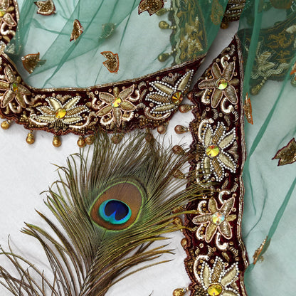 Indian Vintage Heavy Bridal Green Dupatta Net Mesh Long Stole Hand Embroidered Scarf Zardozi Zari Sequins Wedding Stole Veil hijab