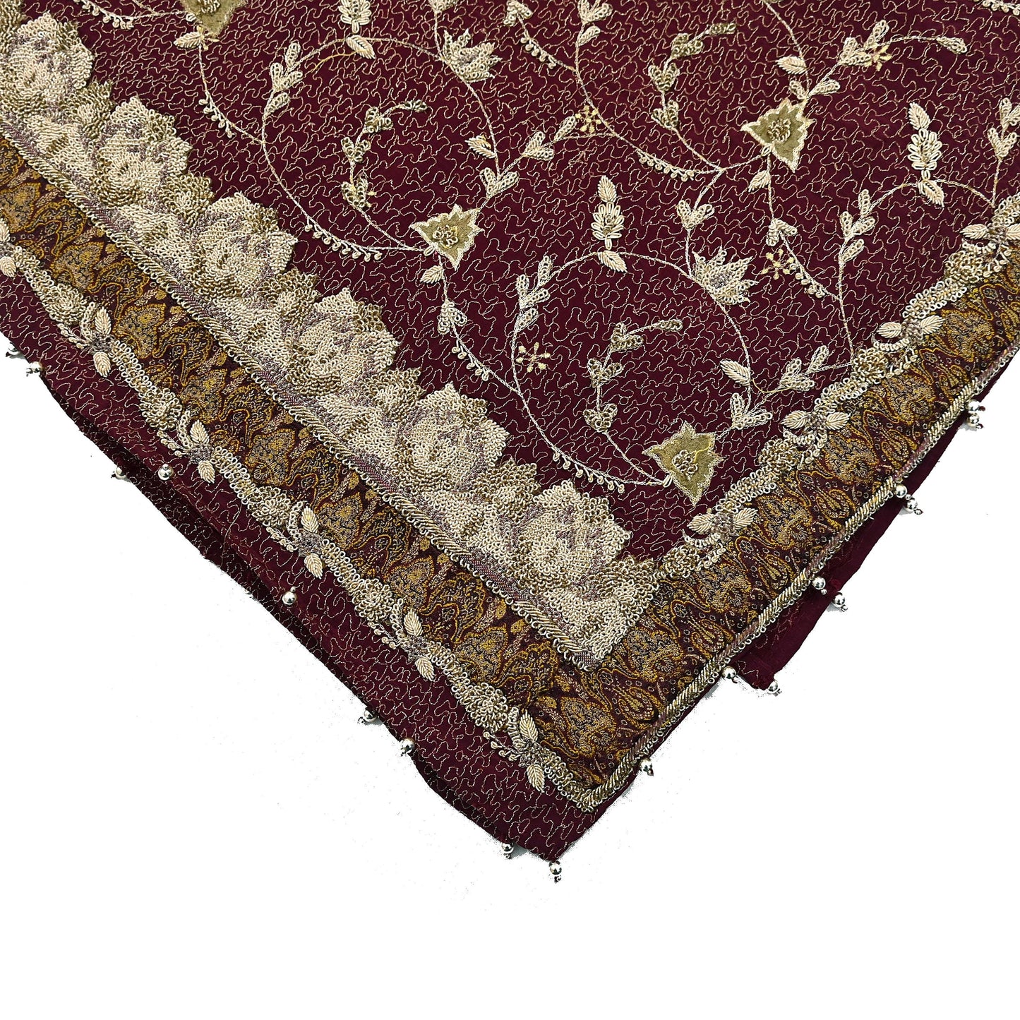 Indian Vintage Heavy Maroon Dupatta Pure Crepe Silk Long Stole Hand Embroidered Scarves Dabka Zardozi Zari Scarves Wedding/ Bridal Veil