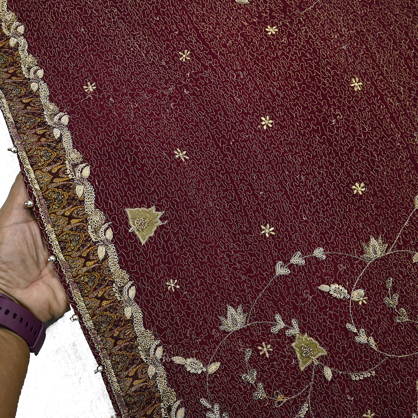 Indian Vintage Heavy Maroon Dupatta Pure Crepe Silk Long Stole Hand Embroidered Scarves Dabka Zardozi Zari Scarves Wedding/ Bridal Veil