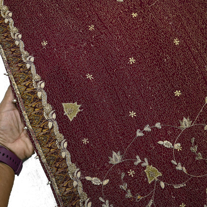 Indian Vintage Heavy Maroon Dupatta Pure Crepe Silk Long Stole Hand Embroidered Scarves Dabka Zardozi Zari Scarves Wedding/ Bridal Veil