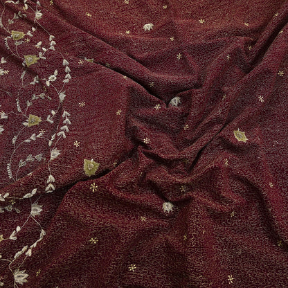 Indian Vintage Heavy Maroon Dupatta Pure Crepe Silk Long Stole Hand Embroidered Scarves Dabka Zardozi Zari Scarves Wedding/ Bridal Veil
