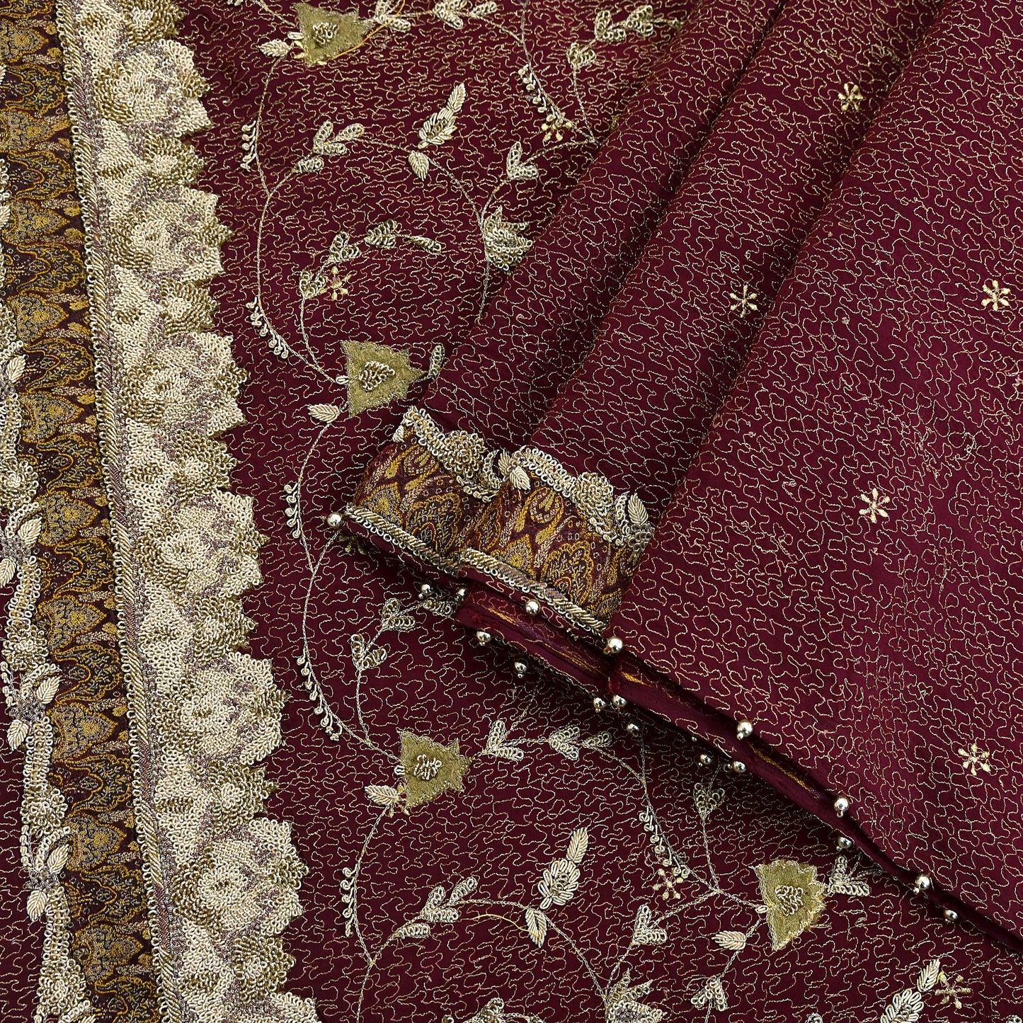 Indian Vintage Heavy Maroon Dupatta Pure Crepe Silk Long Stole Hand Embroidered Scarves Dabka Zardozi Zari Scarves Wedding/ Bridal Veil