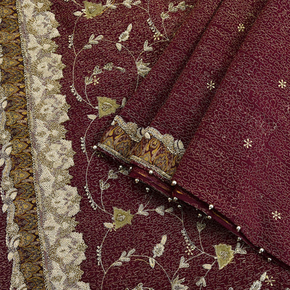 Indian Vintage Heavy Maroon Dupatta Pure Crepe Silk Long Stole Hand Embroidered Scarves Dabka Zardozi Zari Scarves Wedding/ Bridal Veil