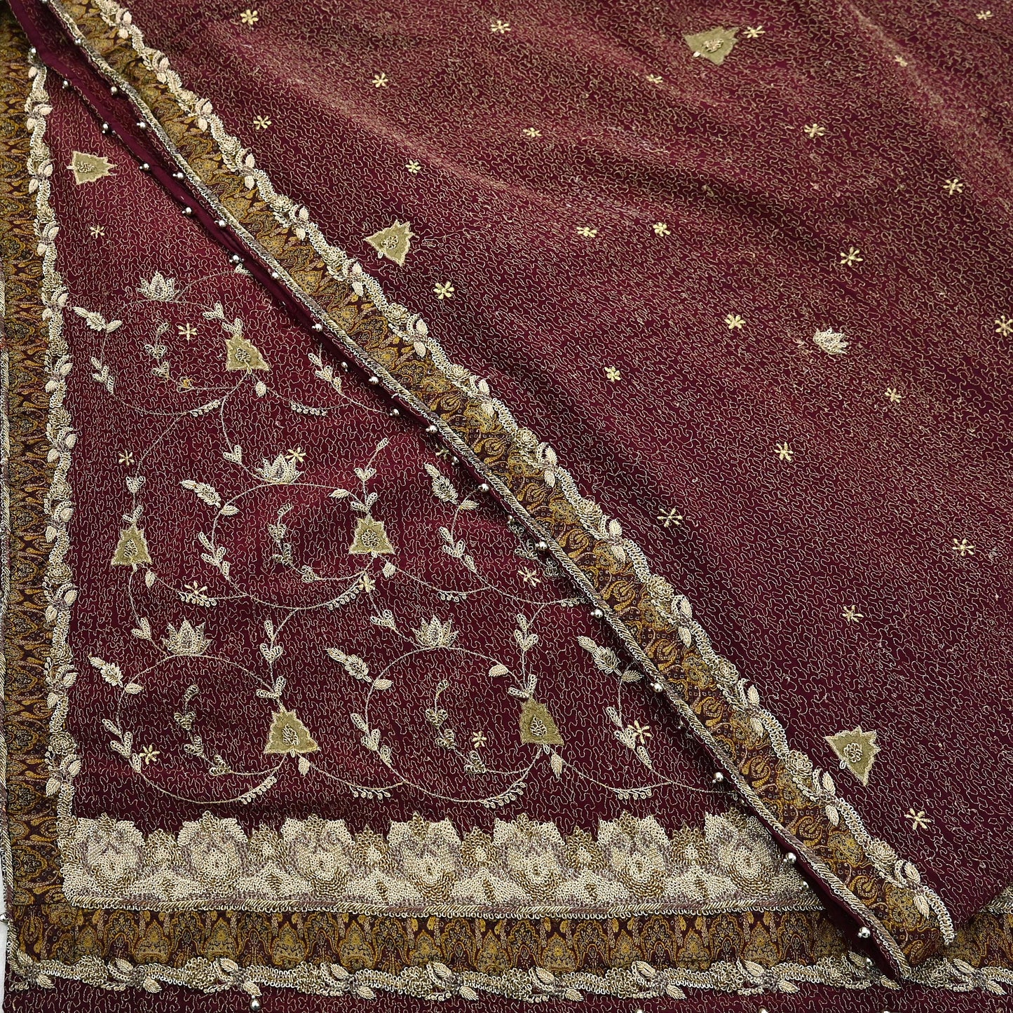 Indian Vintage Heavy Maroon Dupatta Pure Crepe Silk Long Stole Hand Embroidered Scarves Dabka Zardozi Zari Scarves Wedding/ Bridal Veil