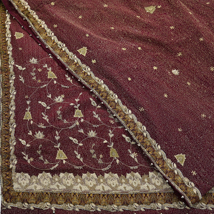 Indian Vintage Heavy Maroon Dupatta Pure Crepe Silk Long Stole Hand Embroidered Scarves Dabka Zardozi Zari Scarves Wedding/ Bridal Veil