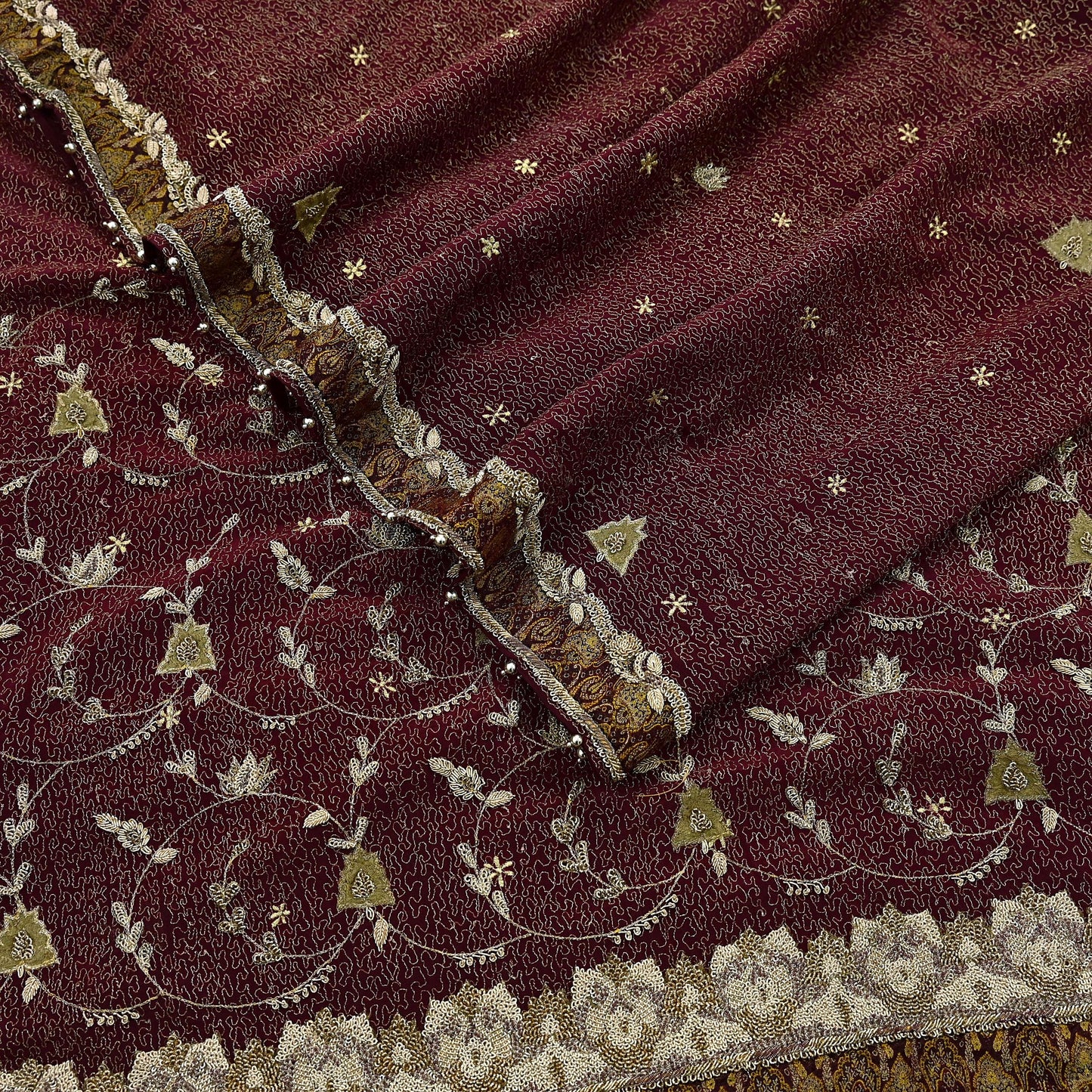 Indian Vintage Heavy Maroon Dupatta Pure Crepe Silk Long Stole Hand Embroidered Scarves Dabka Zardozi Zari Scarves Wedding/ Bridal Veil