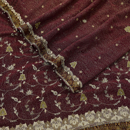 Indian Vintage Heavy Maroon Dupatta Pure Crepe Silk Long Stole Hand Embroidered Scarves Dabka Zardozi Zari Scarves Wedding/ Bridal Veil