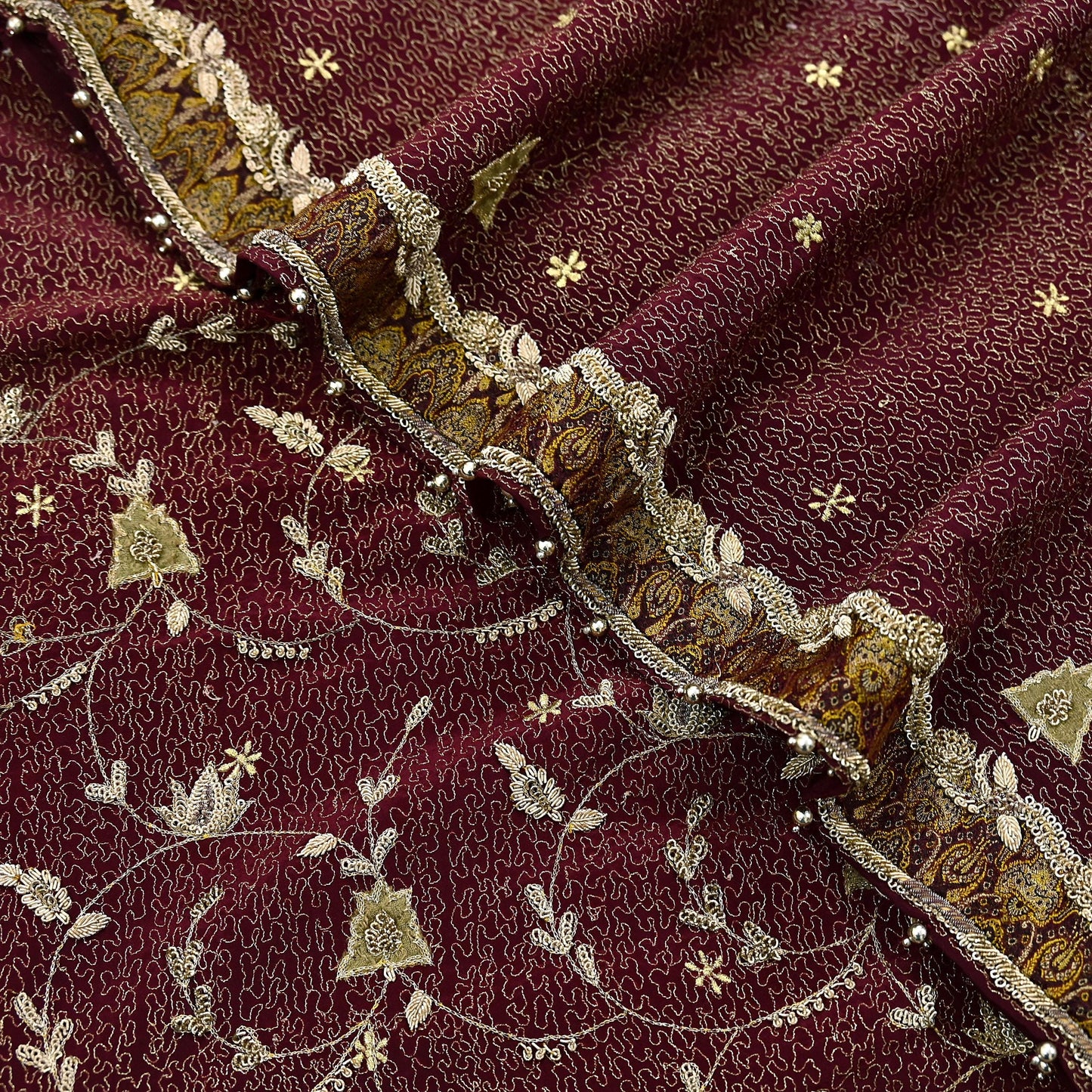 Indian Vintage Heavy Maroon Dupatta Pure Crepe Silk Long Stole Hand Embroidered Scarves Dabka Zardozi Zari Scarves Wedding/ Bridal Veil