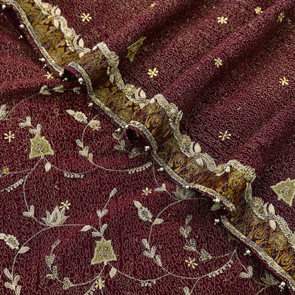 Indian Vintage Heavy Maroon Dupatta Pure Crepe Silk Long Stole Hand Embroidered Scarves Dabka Zardozi Zari Scarves Wedding/ Bridal Veil