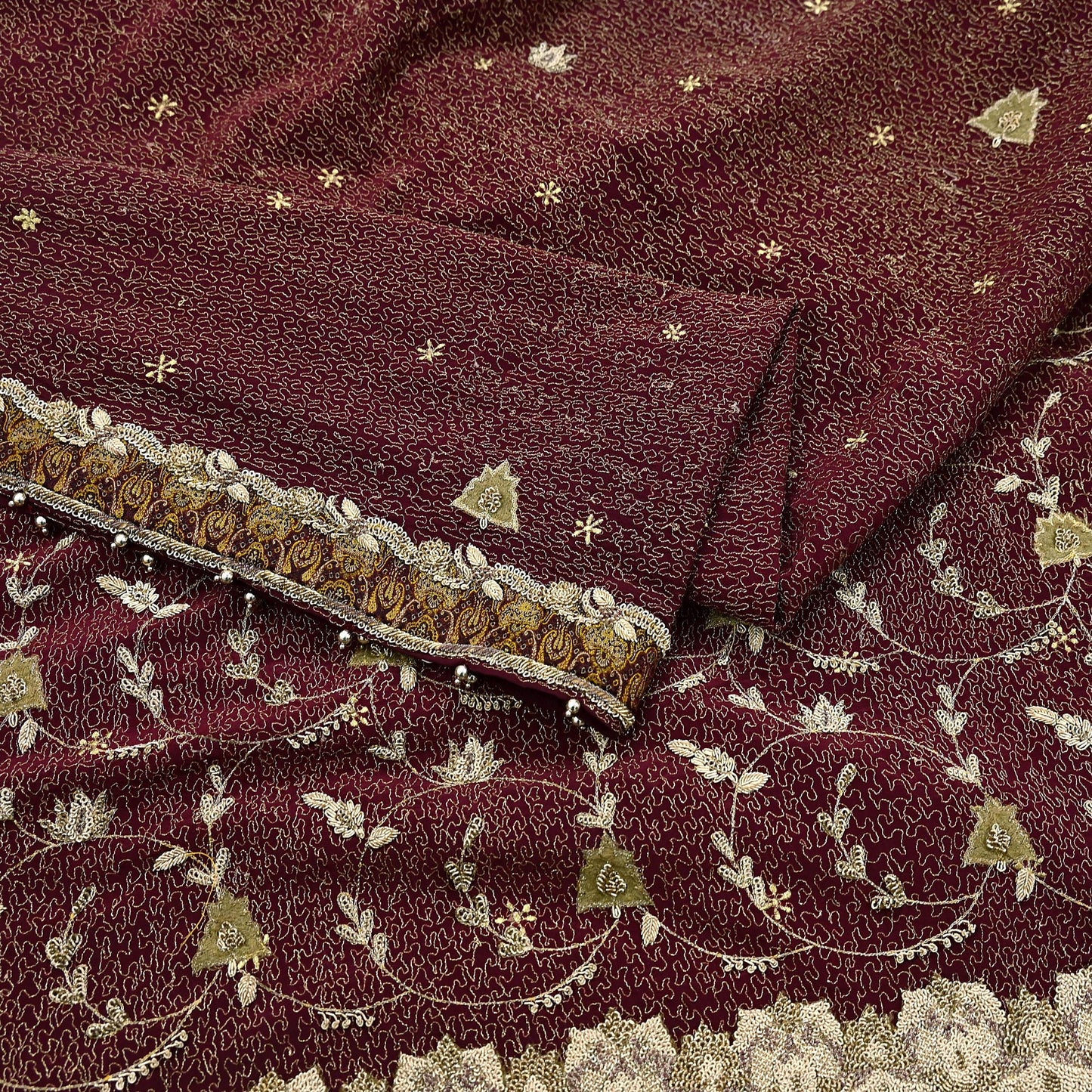 Indian Vintage Heavy Maroon Dupatta Pure Crepe Silk Long Stole Hand Embroidered Scarves Dabka Zardozi Zari Scarves Wedding/ Bridal Veil