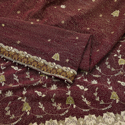 Indian Vintage Heavy Maroon Dupatta Pure Crepe Silk Long Stole Hand Embroidered Scarves Dabka Zardozi Zari Scarves Wedding/ Bridal Veil