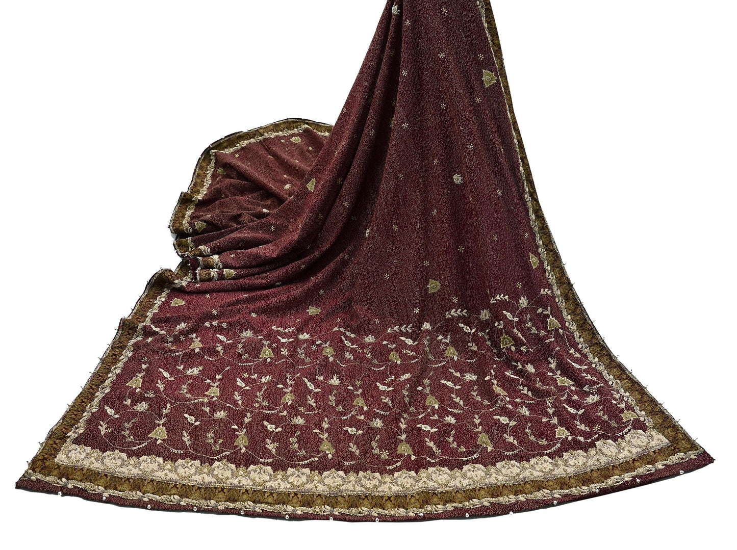 Indian Vintage Heavy Maroon Dupatta Pure Crepe Silk Long Stole Hand Embroidered Scarves Dabka Zardozi Zari Scarves Wedding/ Bridal Veil