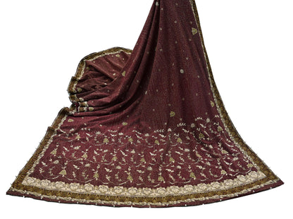 Indian Vintage Heavy Maroon Dupatta Pure Crepe Silk Long Stole Hand Embroidered Scarves Dabka Zardozi Zari Scarves Wedding/ Bridal Veil
