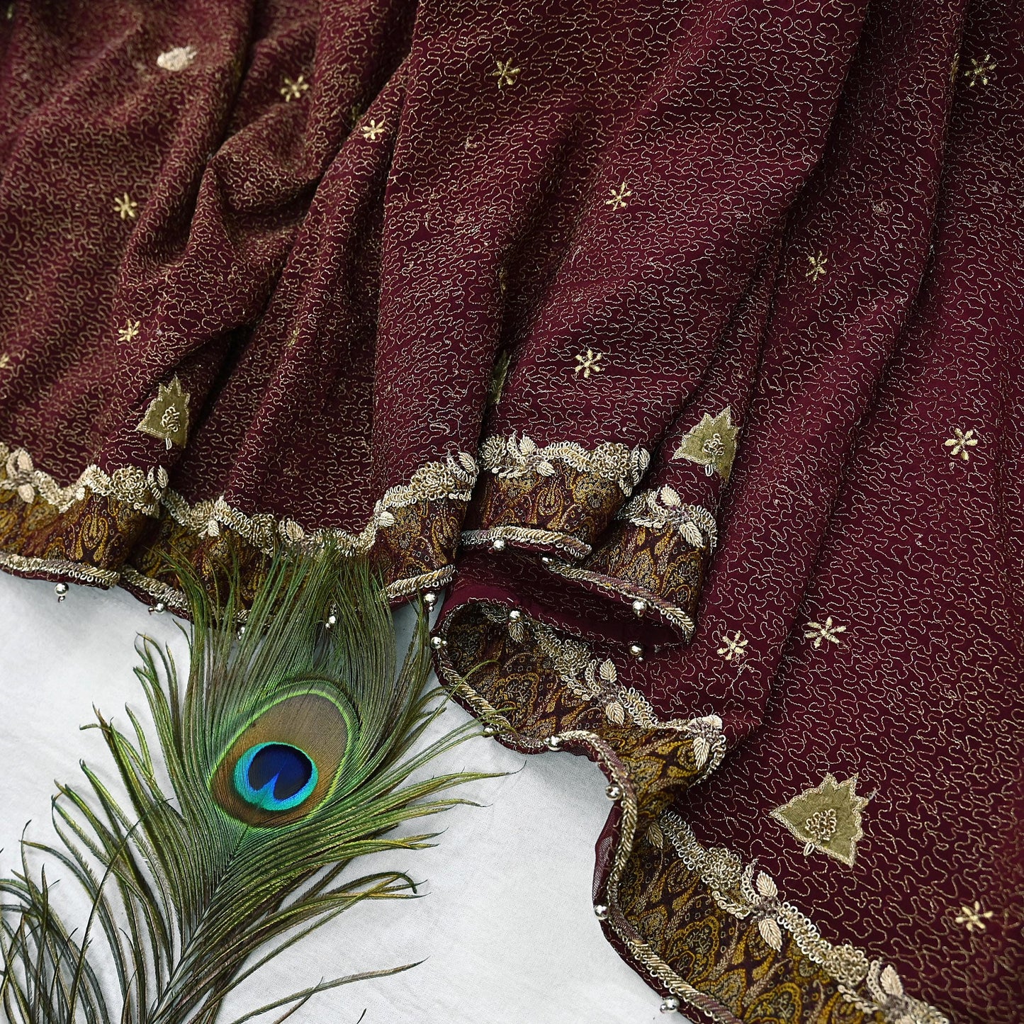 Indian Vintage Heavy Maroon Dupatta Pure Crepe Silk Long Stole Hand Embroidered Scarves Dabka Zardozi Zari Scarves Wedding/ Bridal Veil