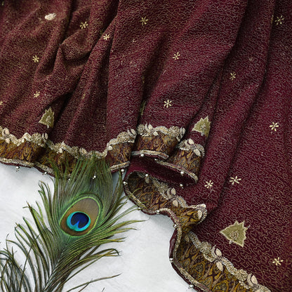 Indian Vintage Heavy Maroon Dupatta Pure Crepe Silk Long Stole Hand Embroidered Scarves Dabka Zardozi Zari Scarves Wedding/ Bridal Veil