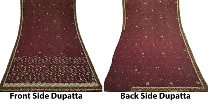 Indian Vintage Heavy Maroon Dupatta Pure Crepe Silk Long Stole Hand Embroidered Scarves Dabka Zardozi Zari Scarves Wedding/ Bridal Veil