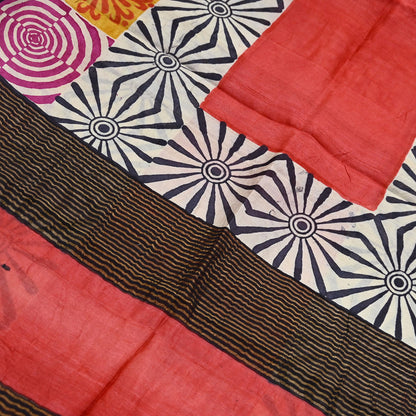 Indian Vintage Heavy Sari Red & Black Pure Khadi Silk Handloom Saree Craft Fabric 5yd Ethnic Wear Dress making For Crafting Quilting