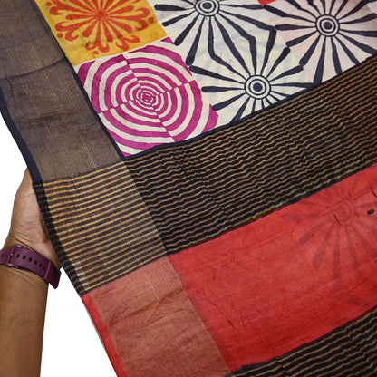 Indian Vintage Heavy Sari Red & Black Pure Khadi Silk Handloom Saree Craft Fabric 5yd Ethnic Wear Dress making For Crafting Quilting