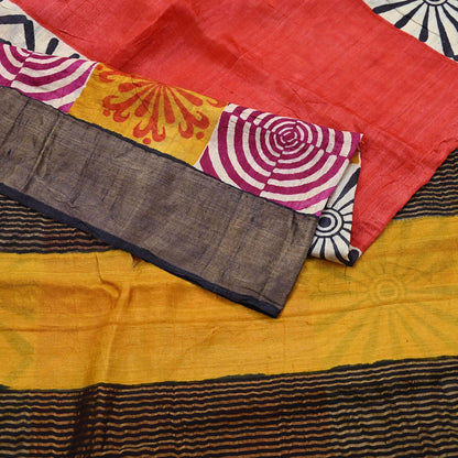 Indian Vintage Heavy Sari Red & Black Pure Khadi Silk Handloom Saree Craft Fabric 5yd Ethnic Wear Dress making For Crafting Quilting